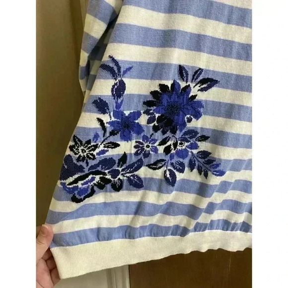 Talbots Womens Blue & White 3/4 Sleeve Striped Floral Knit Sweater Plus Size 1X - Picture 5 of 9